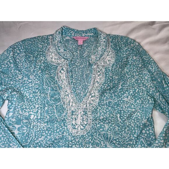 Lilly Pulitzer Sarasota Tunic Size S Blue Ice Cake Teal Beaded Vacation Resort - Picture 2 of 12